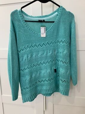 Simons Mint Green Openwork Cable Knit Scoop Neck Sweater